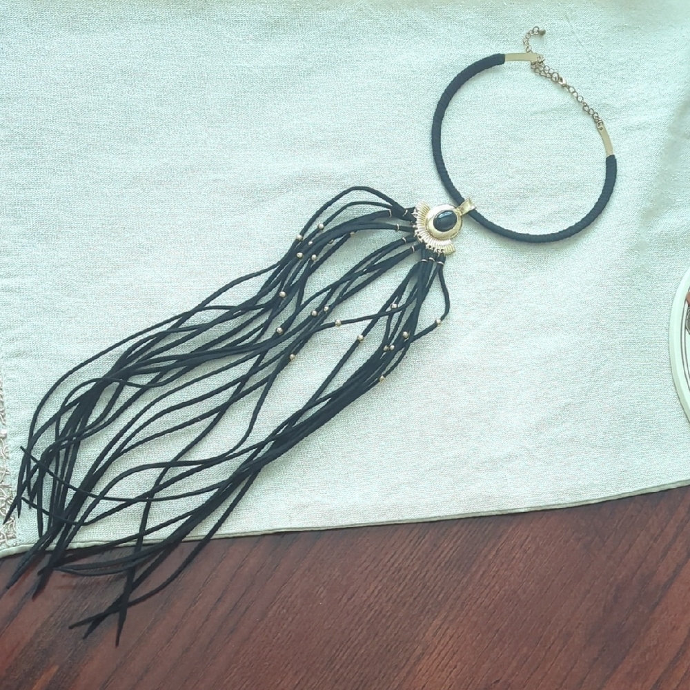 Fringe Elegant Dreamcatcher Style Black and Gold Necklace